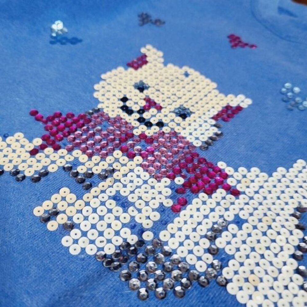 Vintage 90s Blue Sequin Kitty Cat Girly Crewneck Sweatshirt - Picture 3 of 13